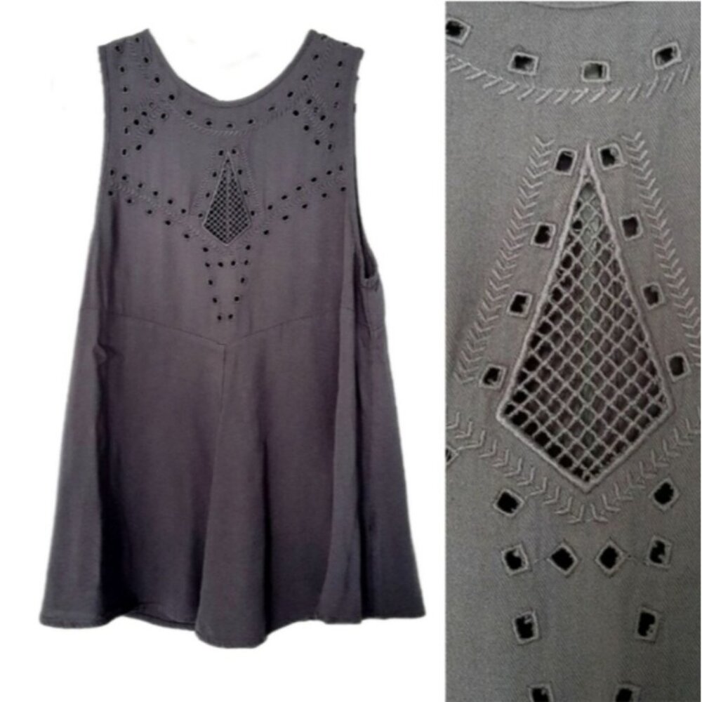 GENTLE FAWN Boho Tonal Embroidered Crewneck Tank Top Gray Sz S